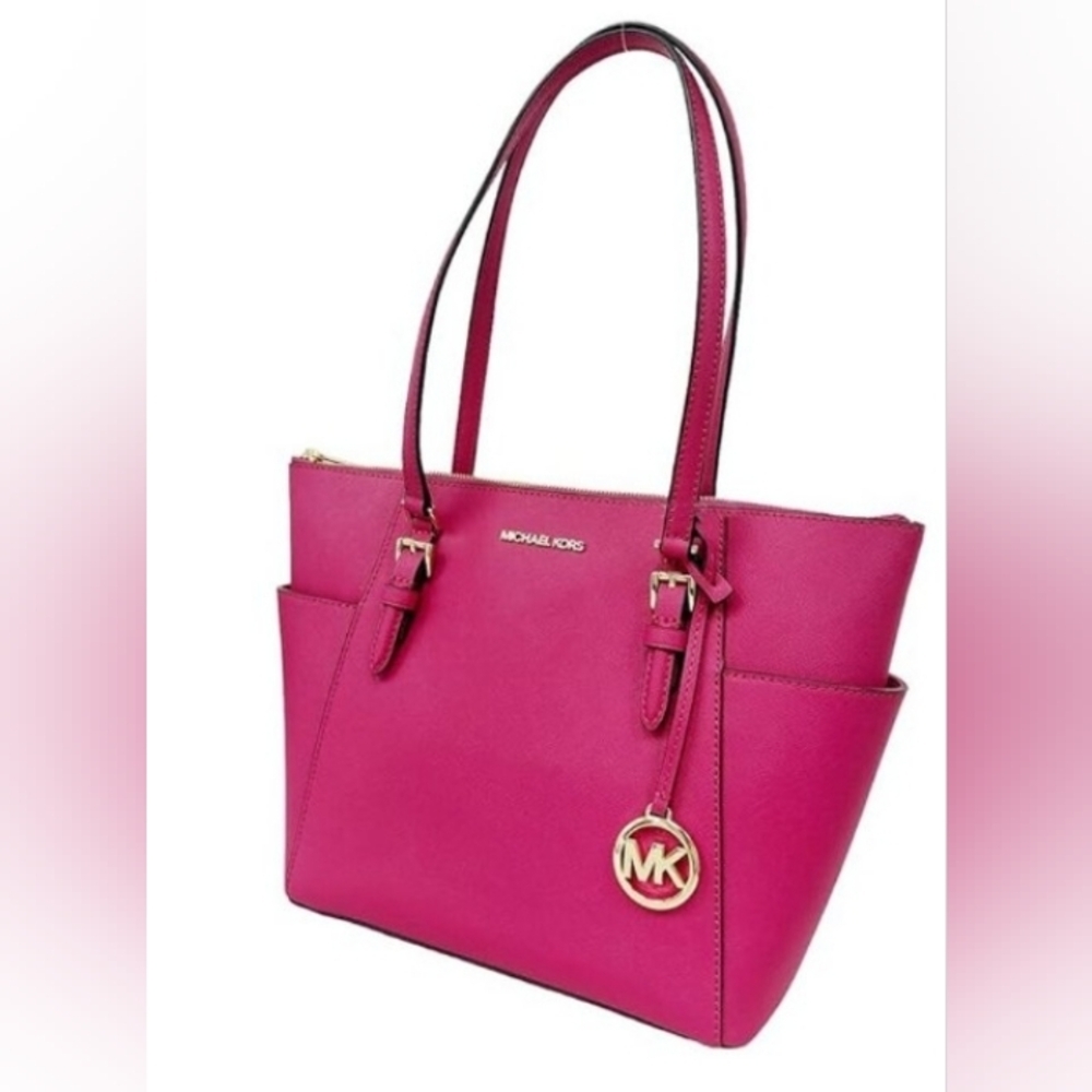 Michael Kors Charlotte Large Hot Pink Fuchsia Tote Bag Jet Set Purse Magenta - Picture 2 of 8
